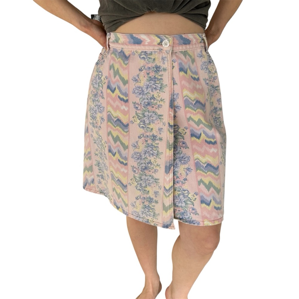 Vintage ‘90s Southwestern Aztec Floral Wrap Skirt Western Denim Pastel